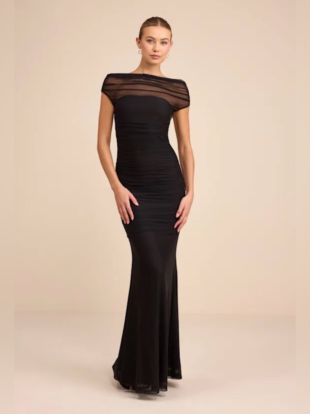 Lulu's Black Sheer-Panel Ruched Mermaid Maxi Dress